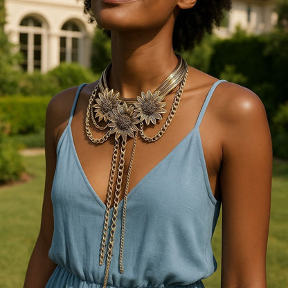 Stylish Vintage-Inspired Handcrafted Long Tassel Pendant Necklace with 3D Floral Design - Luxe Chic for the Unique Woman