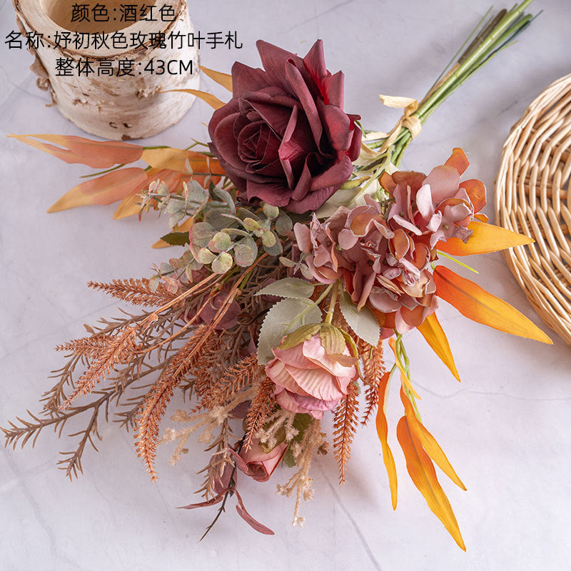 Elegant Autumn-Inspired Faux Rose and Bamboo Leaves Bouquet for Home Decor - Stunning Handcrafted Floral Arrangement for Walls and Bouquets - CF01340