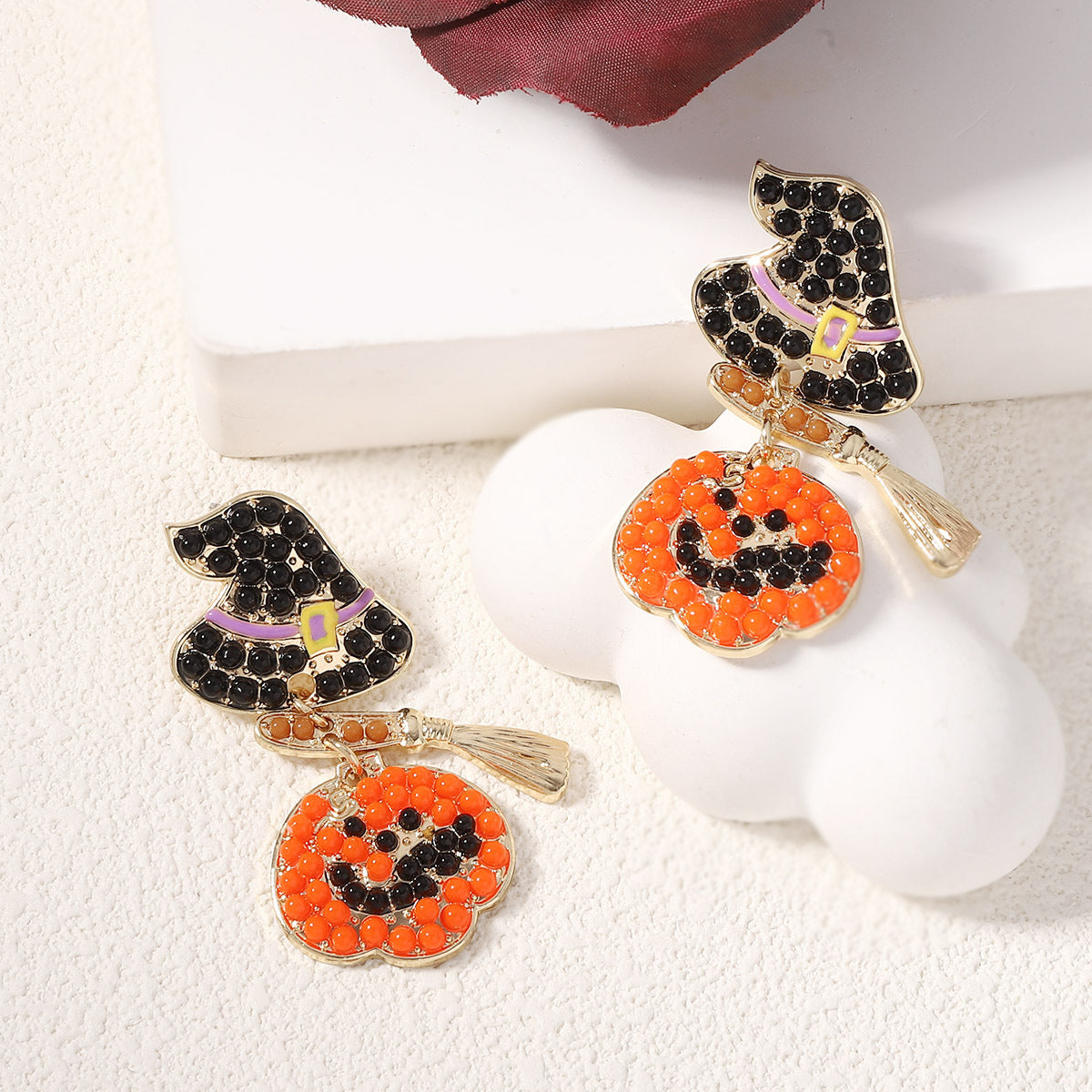 Trendy Halloween Creative Niche Design Harry Hat with Broom and Pumpkin Dangle Earrings – Perfectly Versatile Accessories for Spooky Season