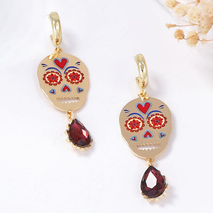 Stylish Halloween Skull Earrings with Colorful Metal Accents and Sparkling Zirconia - Perfect Festive Gift for Women!
