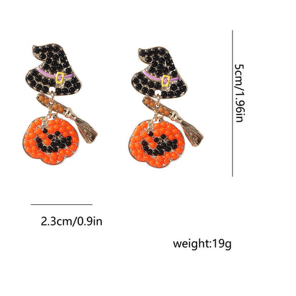 Trendy Halloween Creative Niche Design Harry Hat with Broom and Pumpkin Dangle Earrings – Perfectly Versatile Accessories for Spooky Season