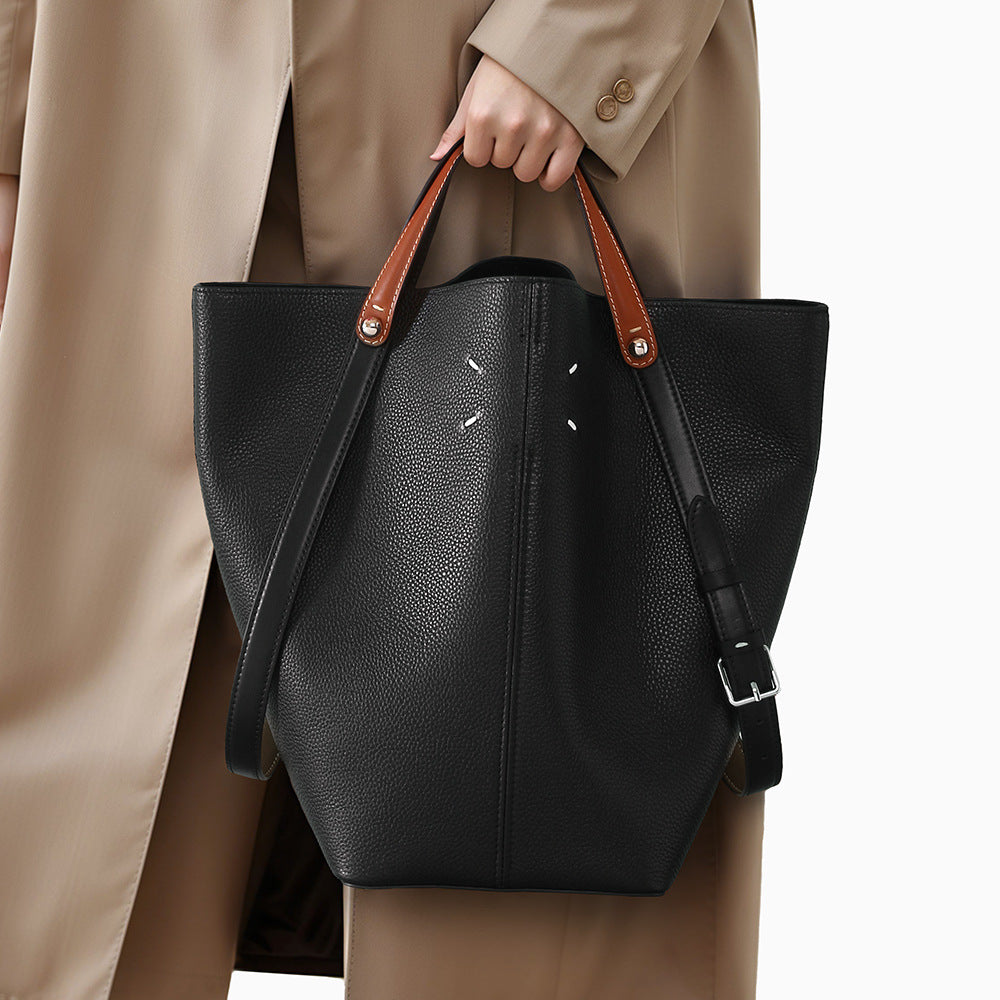 First Layer Cowhide Bucket Bag Large Capacity Spring Summer Shoulder Tote with Minimalist Design for Everyday Chic Style