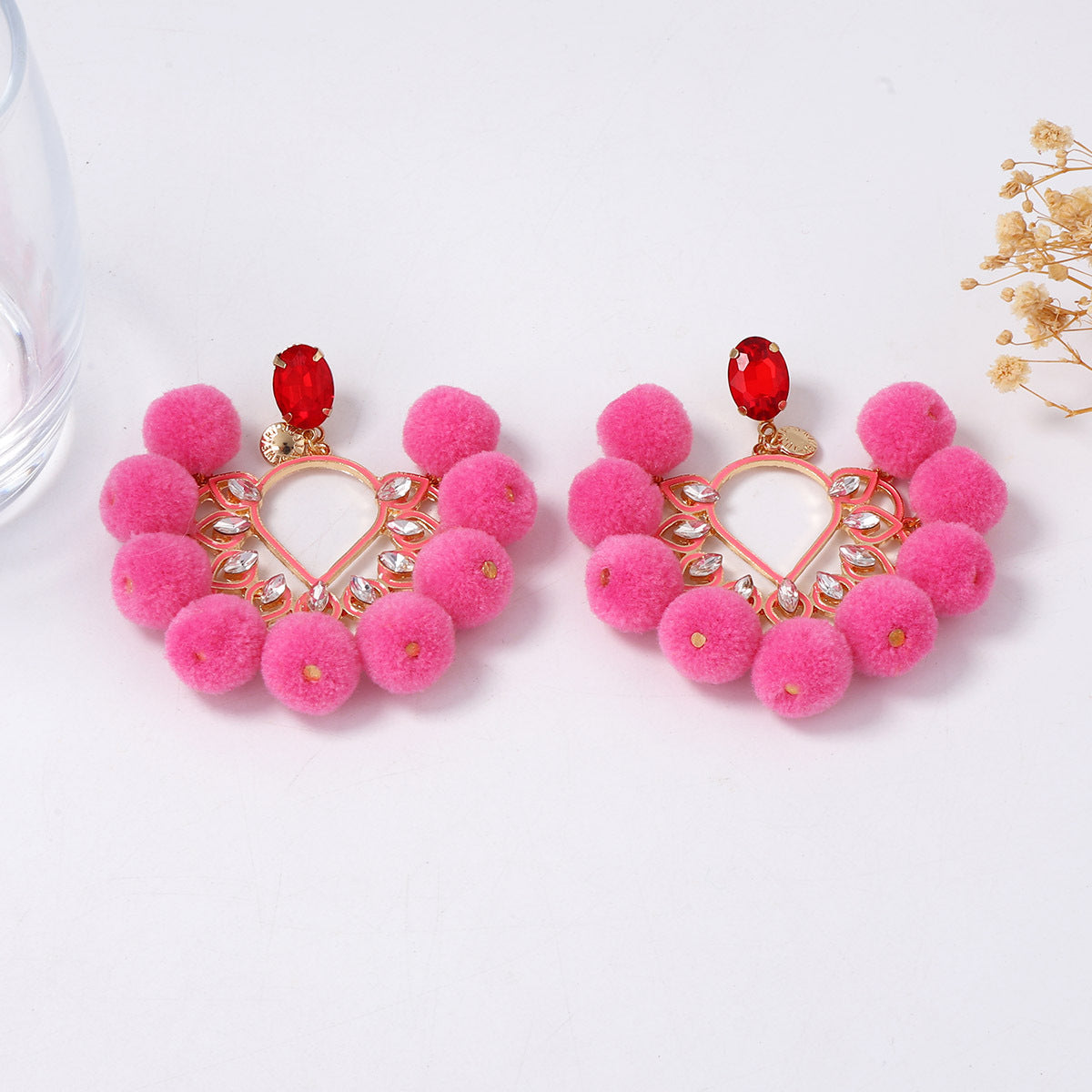 Chic & Minimalist Oversized Fluffy Pom Pom Drop Earrings with Zirconia Inlay - Unique, Luxurious Accessories for Elevated Style