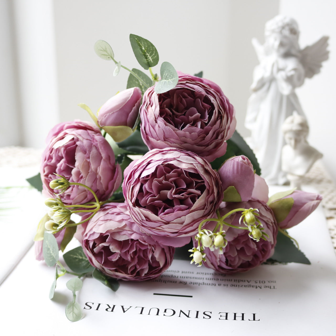 Stunning 5-Head Mini Peony & Persian Rose Bouquet – Realistic Home Decor & Wedding Flowers for Lasting Beauty