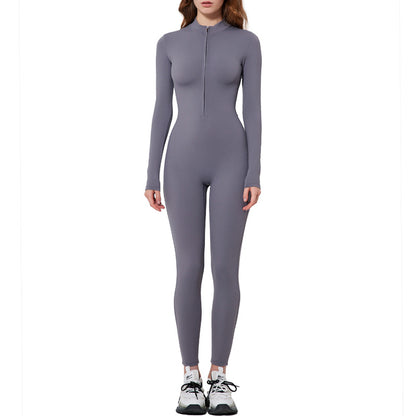 Women's Long Sleeve Yoga Jumpsuit for Outdoor Running Zip Up Fitness Bodysuit One Piece Activewear for Comfort and Performance