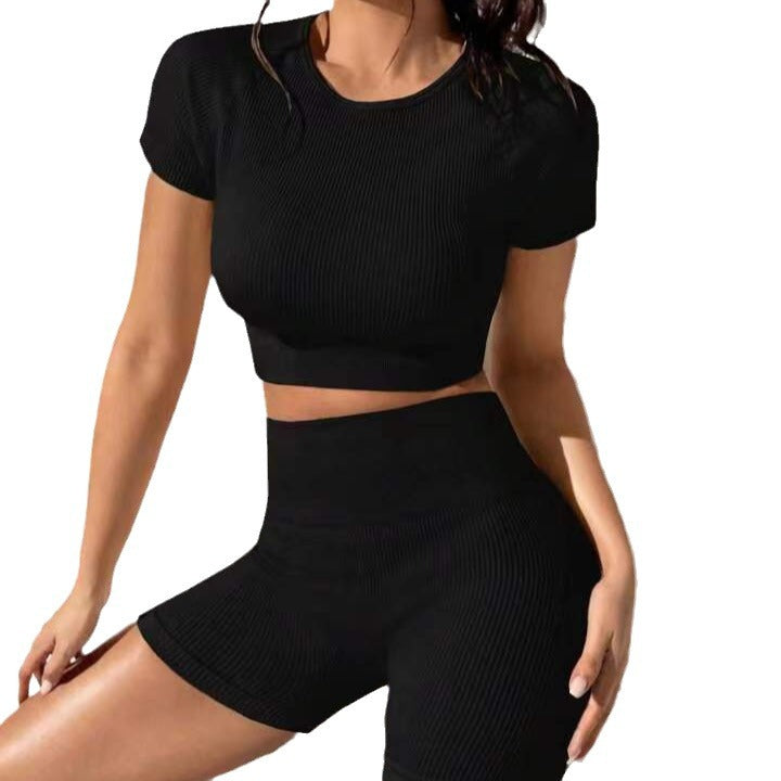 Women's High Waisted Ribbed Short Sleeve Shorts Set for Autumn Winter Outdoor Activities Running Cycling and Fitness