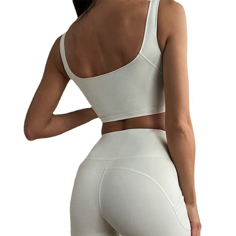 Minimalist Yoga Bra and Backless Tank Top Set with Pocketed Shorts Includes Removable Pads for Comfort