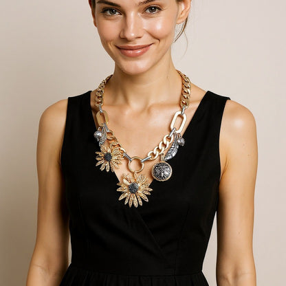 Exquisite and Unique High-End Alloy Pendant Necklace with Bold Sunflower Leaf Design – Perfect Statement Jewelry for Women