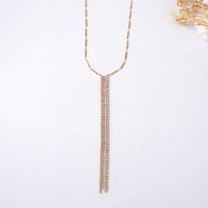 Elegant Minimalist Alloy Long Geometric Pendant Necklace with Zirconia Stones - Chic Sweater Chain for Effortless Style