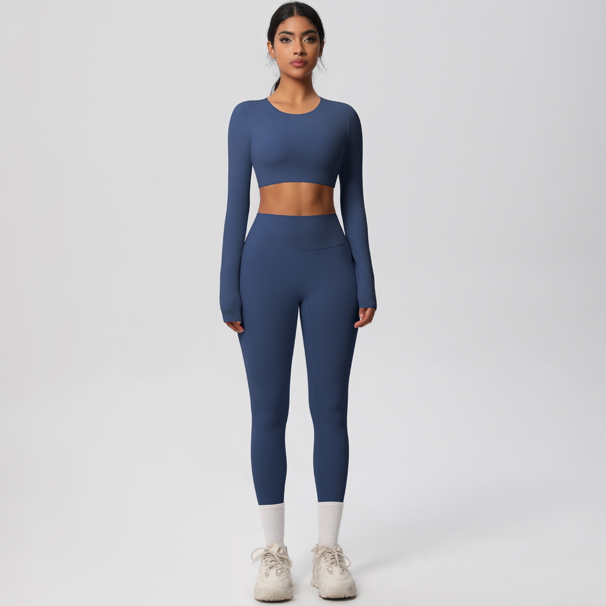 Soft Brushed Compression Workout Set Long Sleeve Top Full Length Leggings for Running Training and Yoga