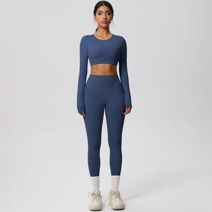 Soft Brushed Compression Workout Set Long Sleeve Top Full Length Leggings for Running Training and Yoga