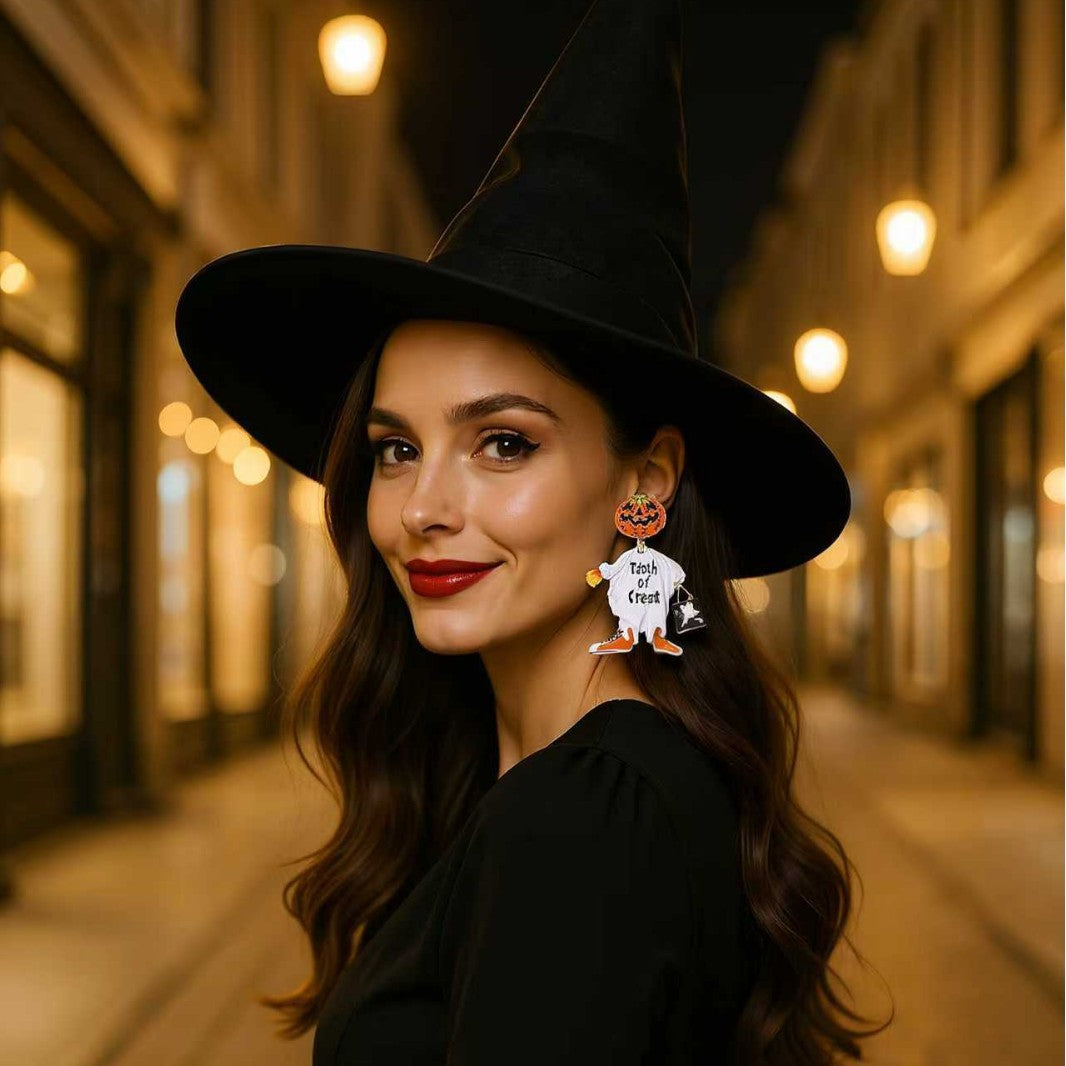Whimsical Halloween Pumpkin Head Earrings – Unique Alloy Design with Dazzling Zircon Stones for a Fun and Festive Look