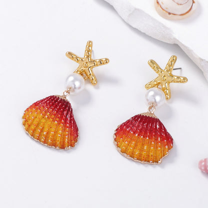Unique Ocean-Inspired Colorful Shell and Faux Pearl Starfish Earrings for Women – Creative Design, Perfect for Beach Lovers