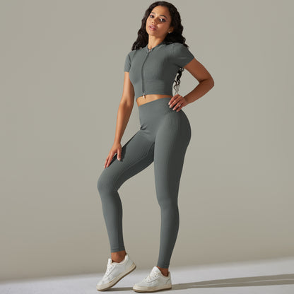 Seamless Knitted High Waisted Peach Butt Yoga Pants Set for Running Fitness and Yoga Featuring Short Sleeve Top and Comfortable 7 8 Length Leggings