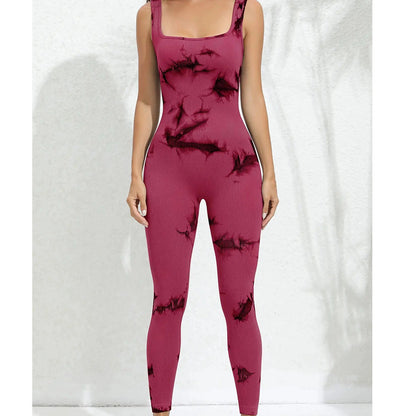 Seamless Tie Dye Yoga Jumpsuit for Women Sleeveless Athletic Bodysuit with Built in Supportive Top for Comfort and Flexibility