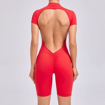 Backless Zipper Short Sleeve Yoga Bodysuit Dance Fitness One Piece Apparel for Optimal Comfort and Performance