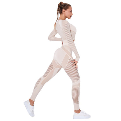 Seamless Striped Long Sleeve and Full Length Leggings Set for Women Quick Dry Yoga and Workout Outfit for Comfort and Style