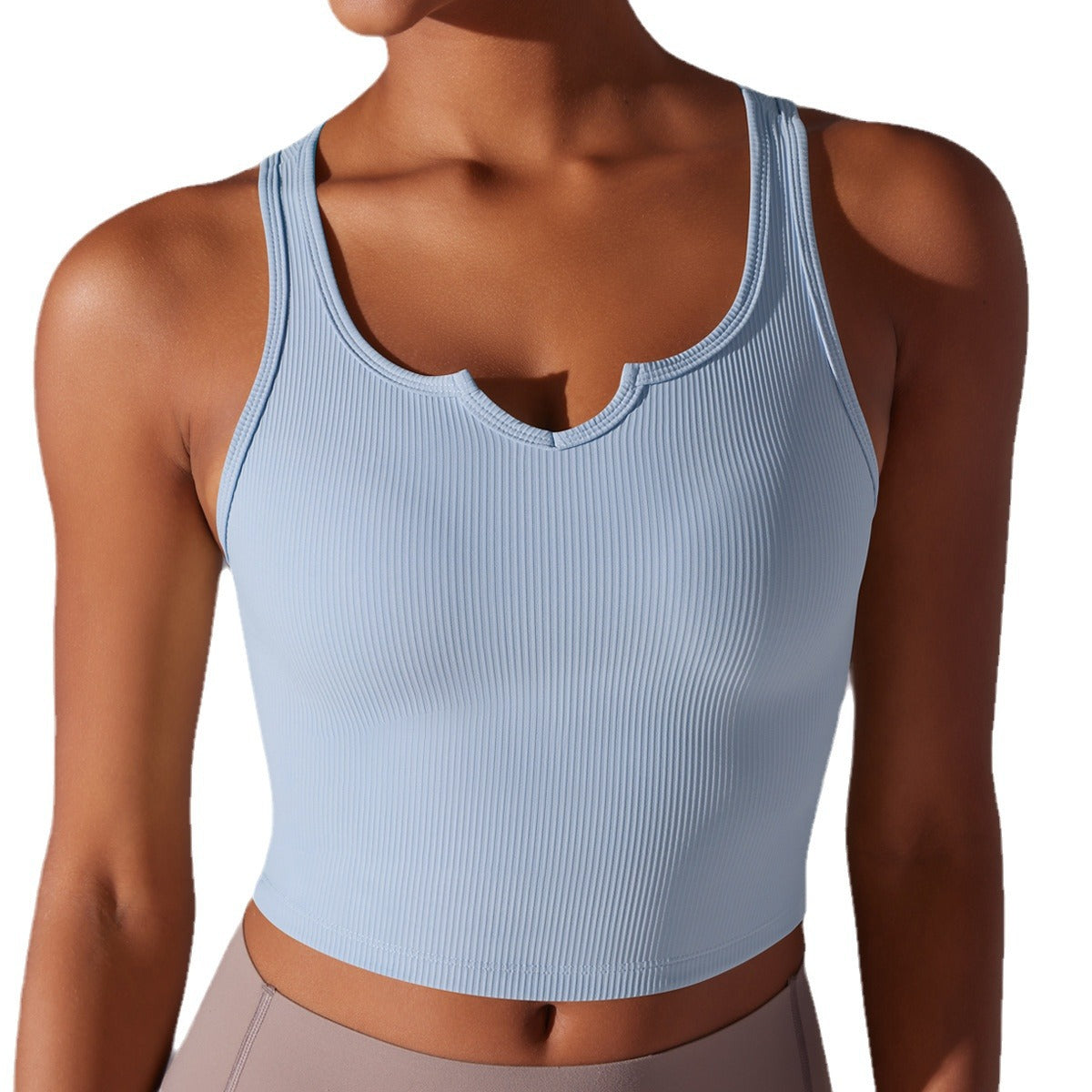 V Neck Ribbed Yoga Sports Bra for Women Breathable Quick Dry and Fixed Cup Running and Fitness Tank Top