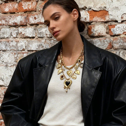 Vintage Goth-Inspired Geometric Heart-Shaped Pendant Layered Necklace and Earring Set for Women – Unique Double-Strand Chain Jewelry for a Bold Statement