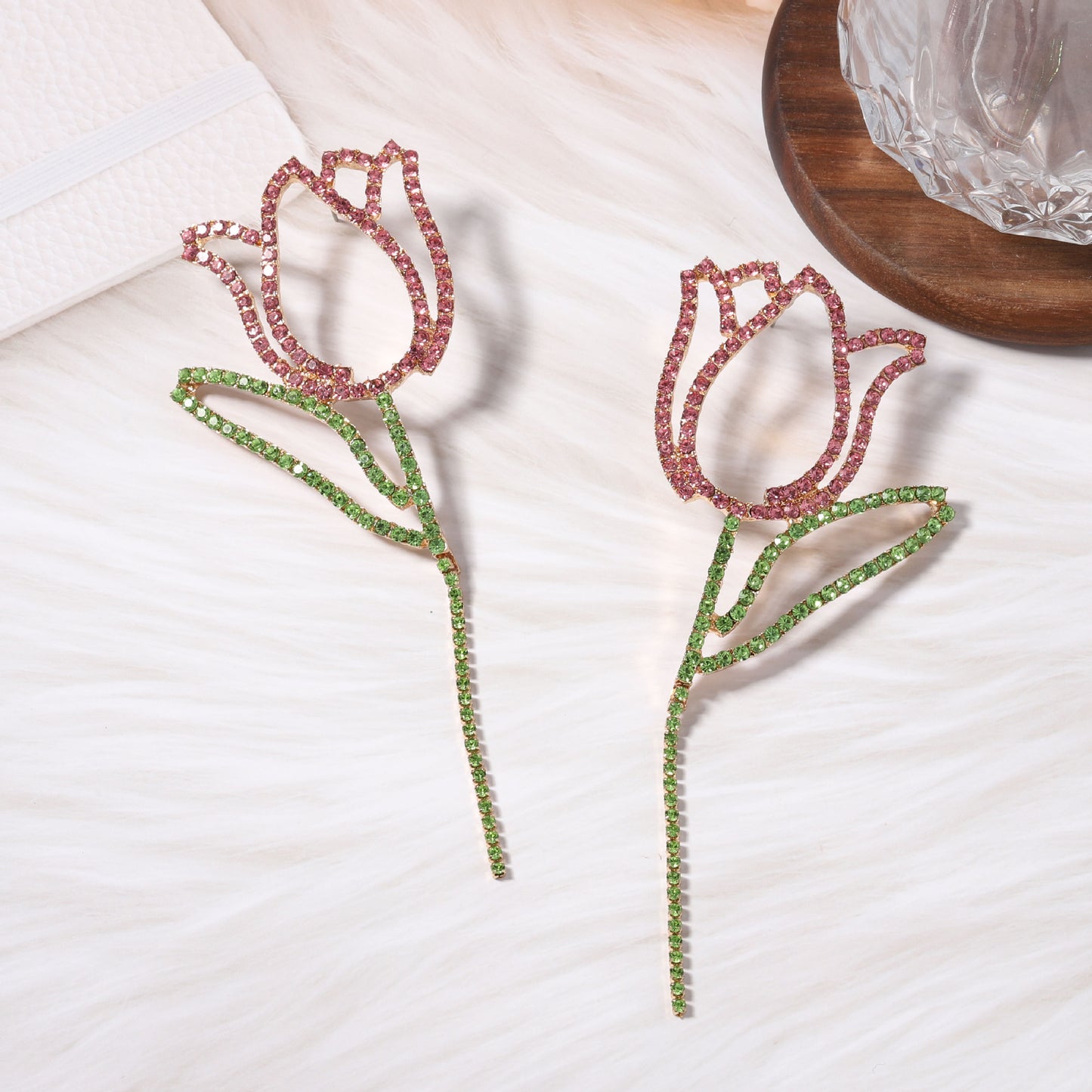 Luxurious Long Colorful Diamond Tulip Flower Earrings for Women - Exquisite Water Rhinestone Studs with an Elegant High-End Appeal