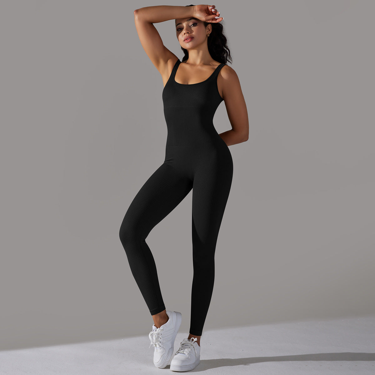 Seamless Knitted Crew Neck Yoga Jumpsuit Ribbed Solid Color Bodysuit for Women Activewear Fitness and Comfort in One