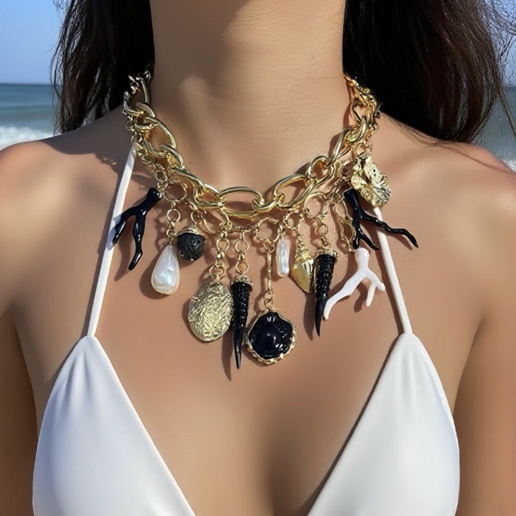 Stylish Ocean-Inspired Double-Layered Turtle and Coral Necklace with Faux Pearl Accents – Perfect for Casual Vacations and Beach Getaways!