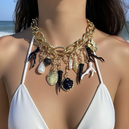 Stylish Ocean-Inspired Double-Layered Turtle and Coral Necklace with Faux Pearl Accents – Perfect for Casual Vacations and Beach Getaways!