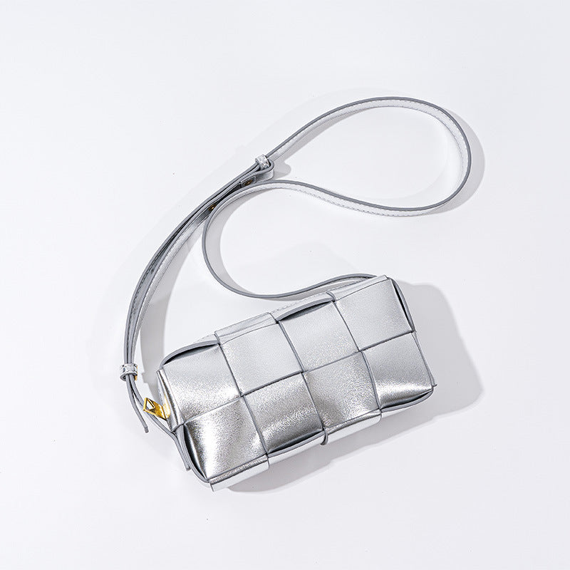 Korean Style Genuine Leather Checkered Woven Mini Shoulder Bag Chic and Versatile Crossbody Clutch for Everyday Elegance