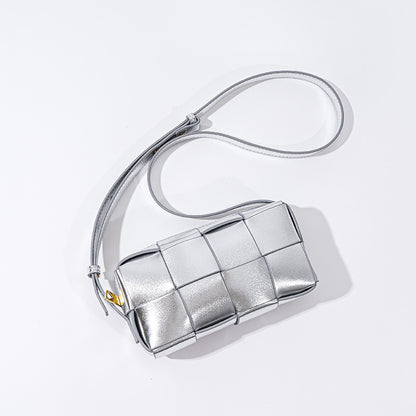 Korean Style Genuine Leather Checkered Woven Mini Shoulder Bag Chic and Versatile Crossbody Clutch for Everyday Elegance