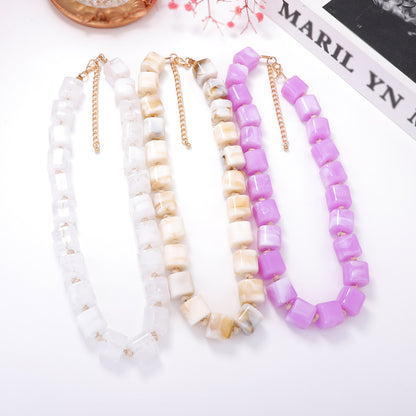 Versatile Creative Colorful Ombre Geometric Resin Square Beaded Necklace - Minimalist Women's Jewelry for Everyday Elegance