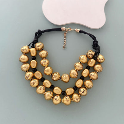 Exaggerated Vintage Triple-Layer Gold Beaded Handmade Braided Necklace - Chic Street Style Accessory for Bold Fashion Statements