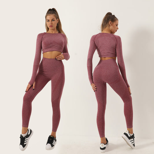 Seamless Polka Dot Women's 2 Piece Long Sleeve and Legging Set High Waist Workout Outfit for Outdoor Sports Running and Yoga