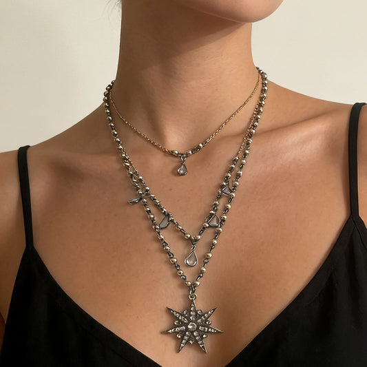 Personalized Vintage Casual Multi-Layered Stacked Alloy Diamond-Encrusted Five-Point Star Chain Necklace for Women – Perfect Accessory for Every Occasion