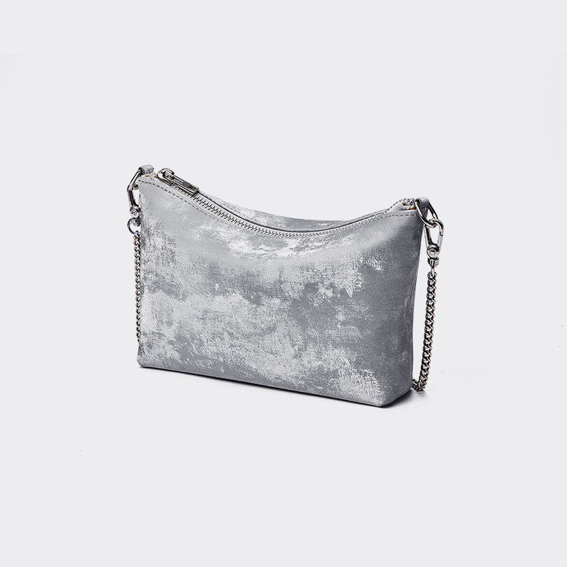 Elegant Satin and Leather Chain Crossbody Bag Vintage Metal Makeup Pouch Mini Shoulder Bag for Any Occasion