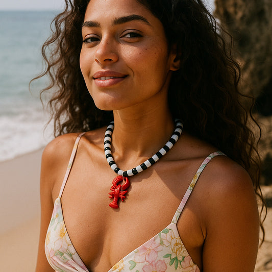 Chic Minimalist Beach-Inspired Alloy Lobster Pendant Necklace for Women - Elegant Black and White Beaded Statement Jewelry