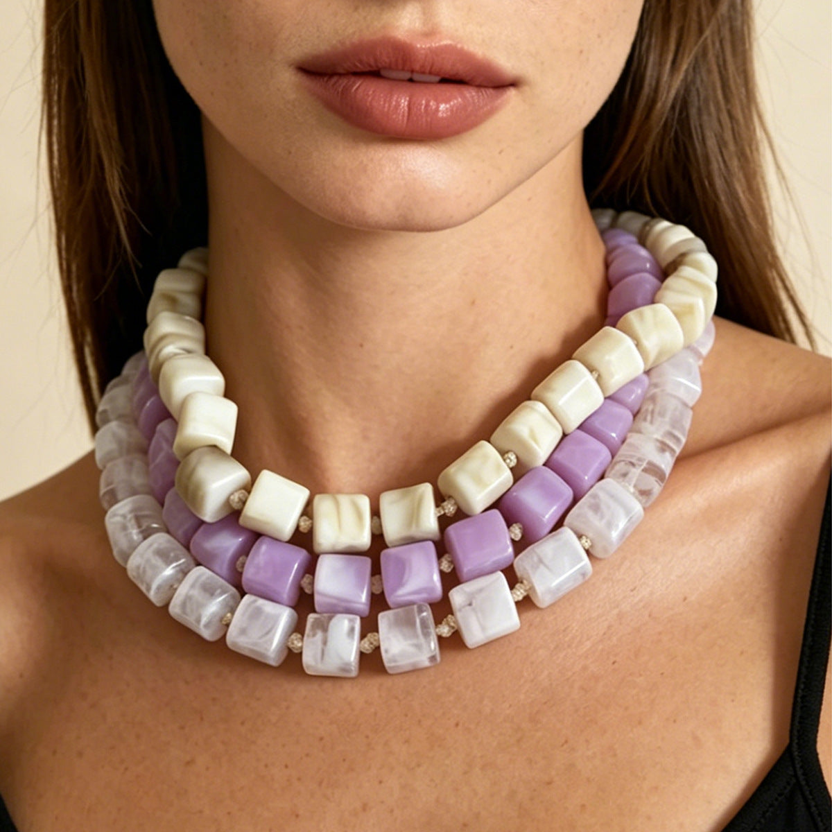Versatile Creative Colorful Ombre Geometric Resin Square Beaded Necklace - Minimalist Women's Jewelry for Everyday Elegance