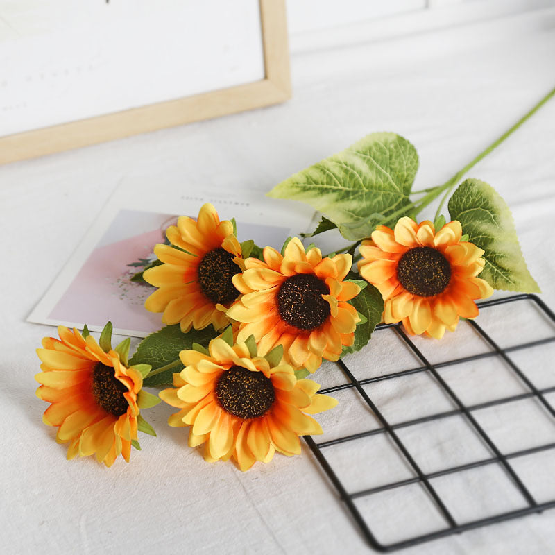 Realistic Single Stem 6-Head Sunflower Faux Flower Arrangement - Perfect for Rustic Decor, Gardening, Photography Props, and Home Accents