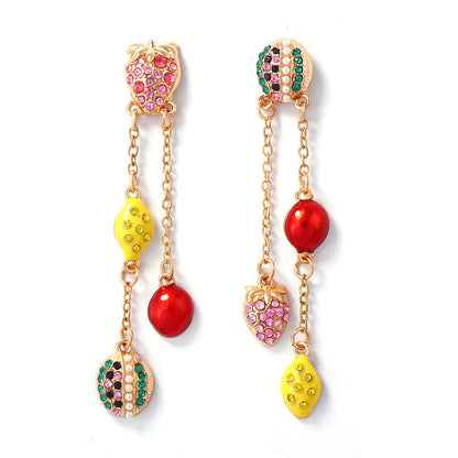 Exaggerated Cute Fruit Series Earrings with Dazzling Rhinestones – Playful Watermelon & Lemon Tassel Design for Women