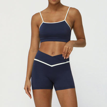 Color Contrast Yoga Set with Sleek Strappy Sports Bra and Cross V Waist Leggings for Fitness Enthusiasts and Active Lifestyles