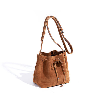 Chic Vintage Leather Women's Bucket Bag with Bow Design Korean Style Suede Texture Underarm Shoulder Bag