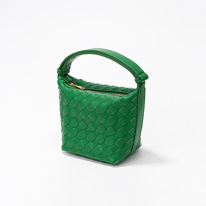 Chic Woven Lunch Box Bag Unique Silver Bucket Bag with Spacious Capacity Genuine Leather Tote for Women