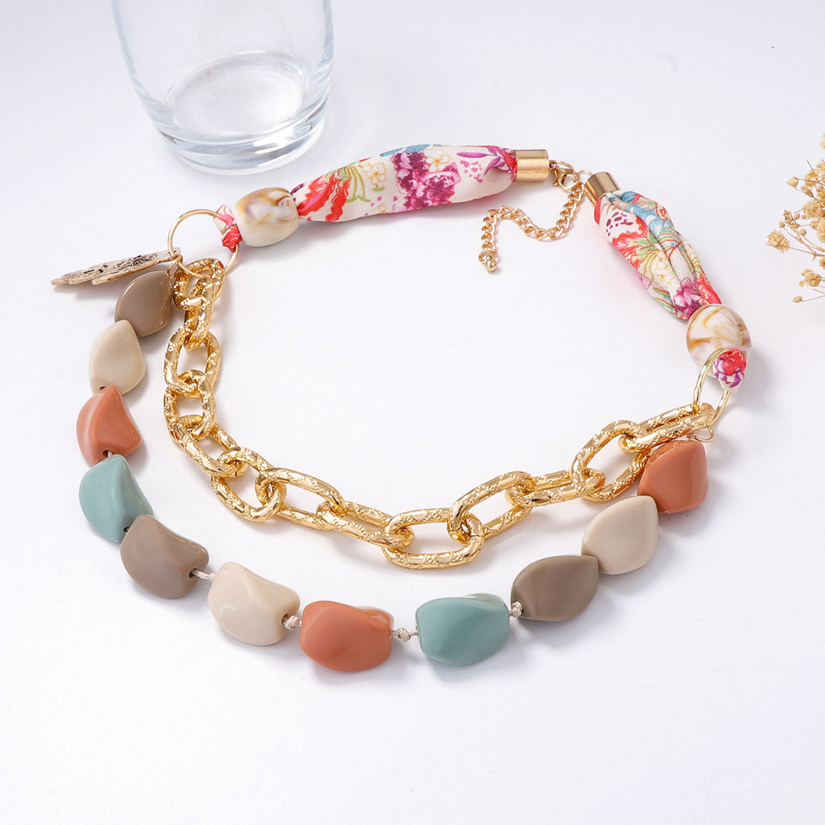 Unique Creative Geometric Multi-Color Beaded Pendant Necklace with Ribbon Design – Versatile Fashion Accessory for Any Occasion