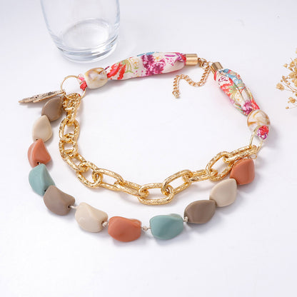 Unique Creative Geometric Multi-Color Beaded Pendant Necklace with Ribbon Design – Versatile Fashion Accessory for Any Occasion