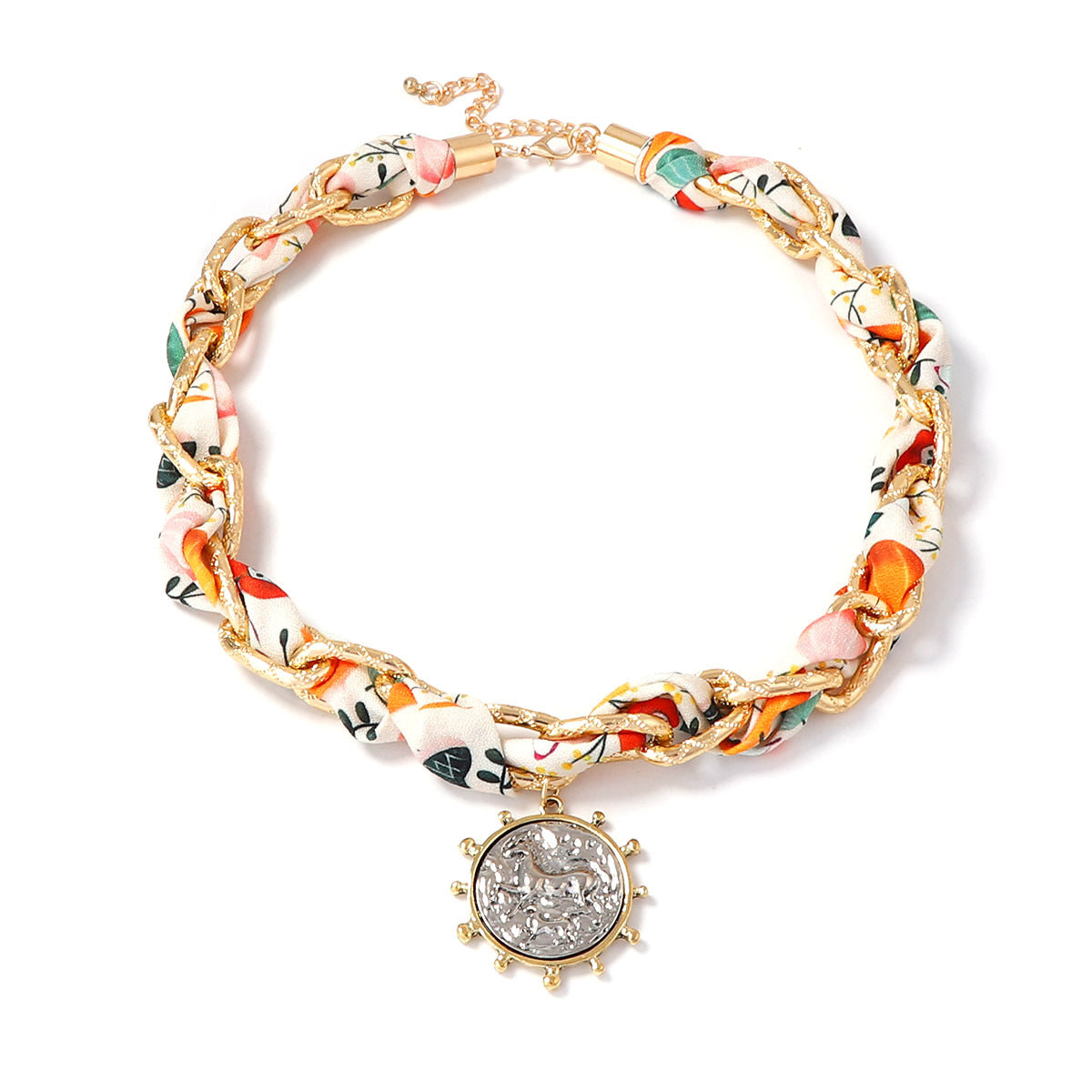 Trendy Personalized Silk Ribbon Chain Interwoven Sweet and Cool Alloy Badge Pendant Necklace - Affordable Luxury for Unique Style Lovers