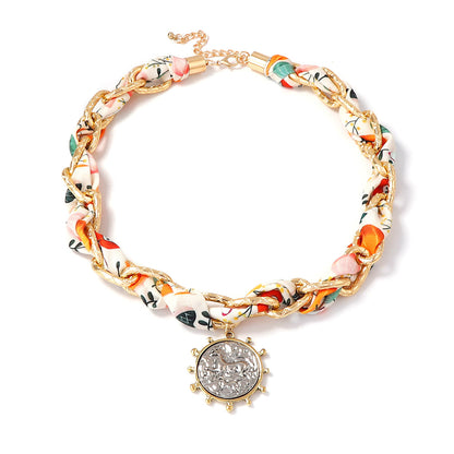 Trendy Personalized Silk Ribbon Chain Interwoven Sweet and Cool Alloy Badge Pendant Necklace - Affordable Luxury for Unique Style Lovers