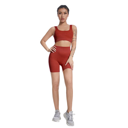 Seamless V Neck Ribbed Yoga Outfit Set for Women Striped Sports Bra and High Waisted Compression Shorts for Comfort and Flexibility