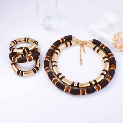 Trendy Layered Wooden CCB Bamboo Bead Necklace Jewelry Set - Versatile Accessories for Women