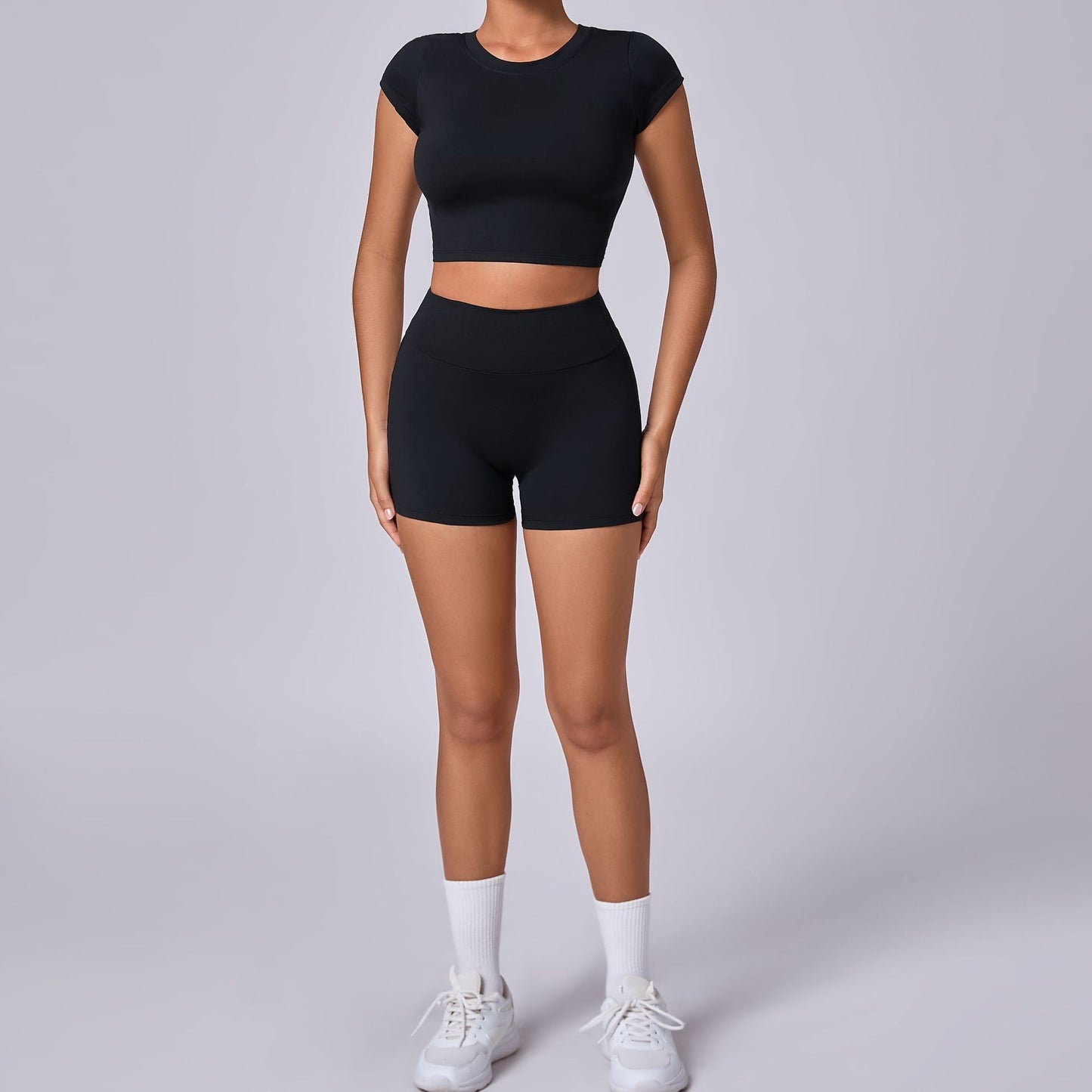 High Waisted Short Sleeve and Short Yoga Set for Women Stretchy Body Hugging Butt Lifting Fitness Outfit for Running and Gym Workouts