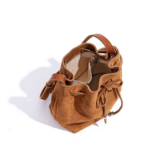 Chic Vintage Leather Women's Bucket Bag with Bow Design Korean Style Suede Texture Underarm Shoulder Bag