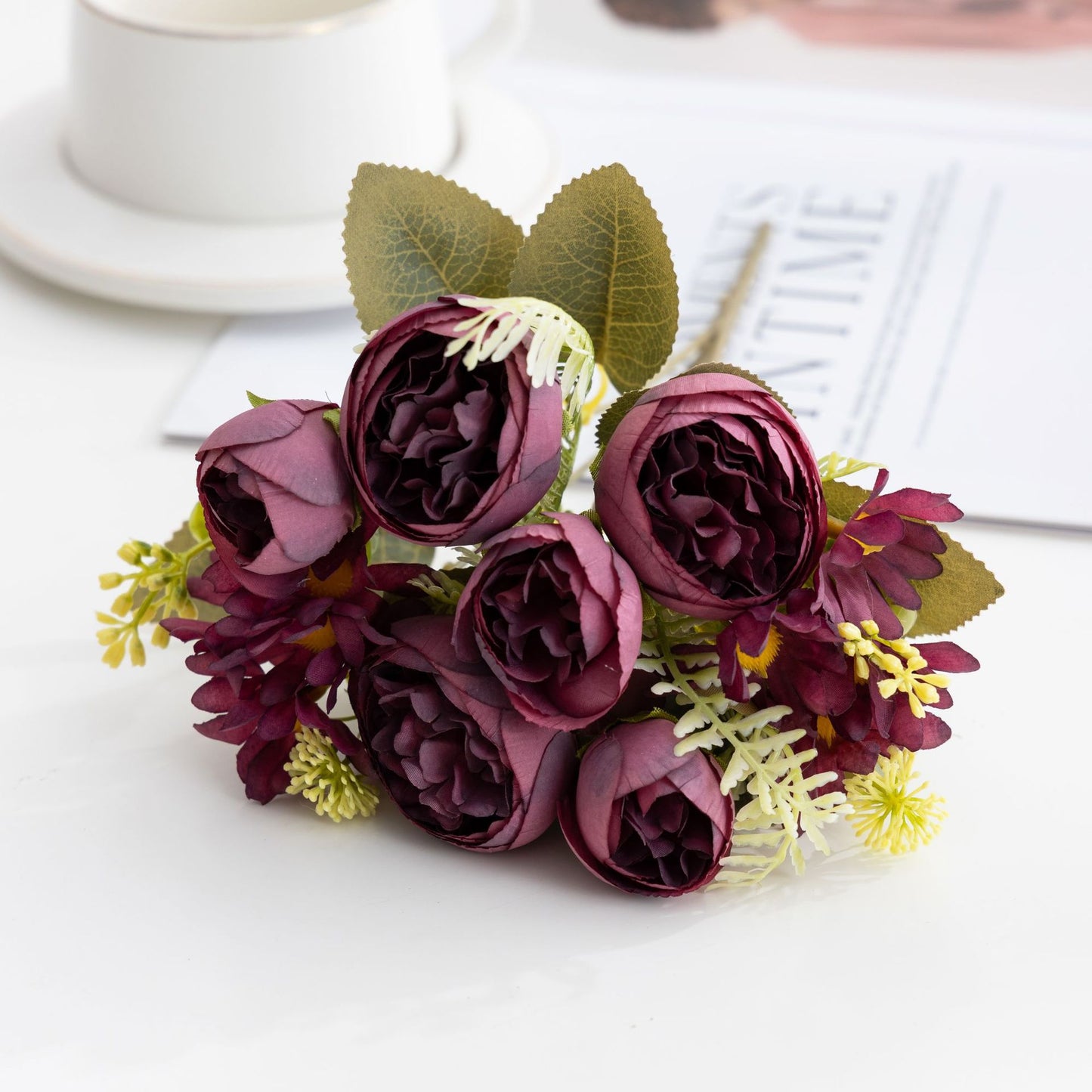 Stunning Artificial Floral Arrangement with Dried Peonies and Charming Little Daisies - Perfect Home Decor for Hotels and Living Spaces